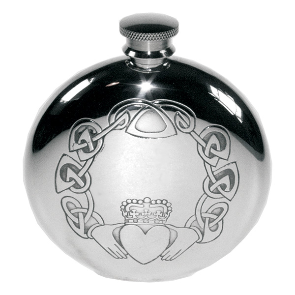 Round Claddagh Hip Flask and Presentation Box with FREE Engraving