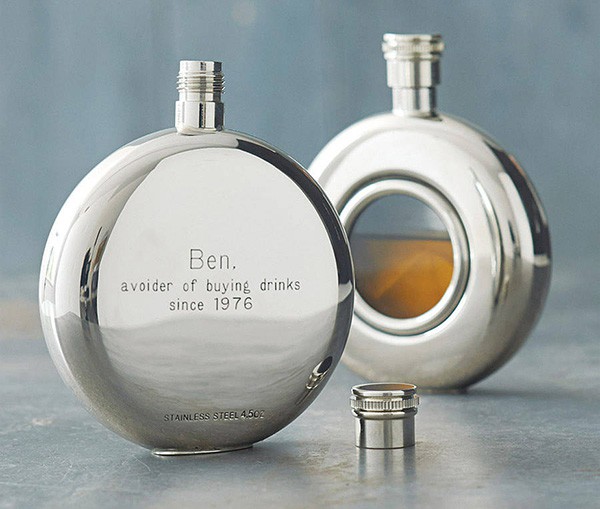Round Window Engraved Hip Flask with Presentation Box, & FREE ENGRAVING