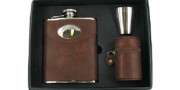 Brown Leather Engraved Hip Flask Gift Set with Free Engraving