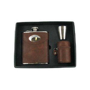 Brown Leather Engraved Hip Flask Gift Set with Free Engraving