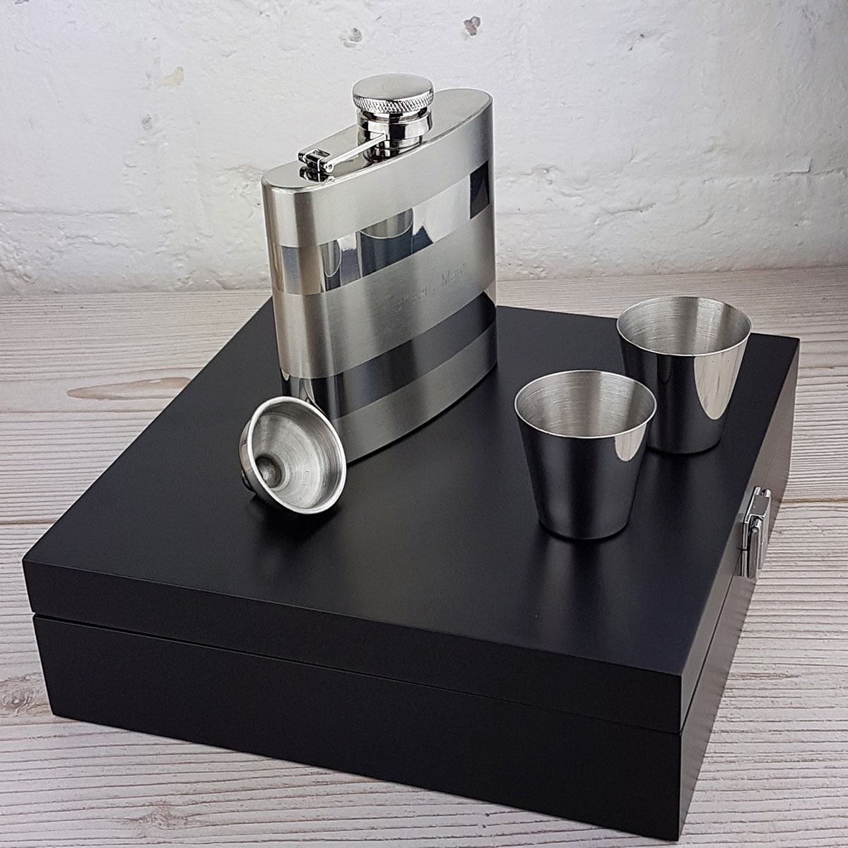 Contrasting Hip Flask in Gift Box with FREE Engraving, Funnel & Two Nip Cups