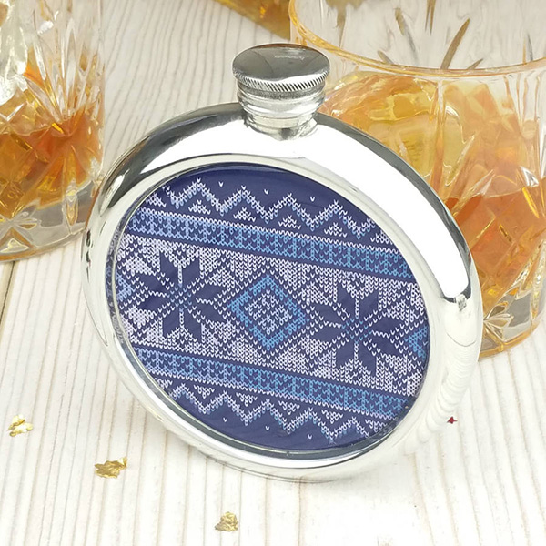 Fair Isle Christmas Hip Flask with Presentation Box and Free Engraving