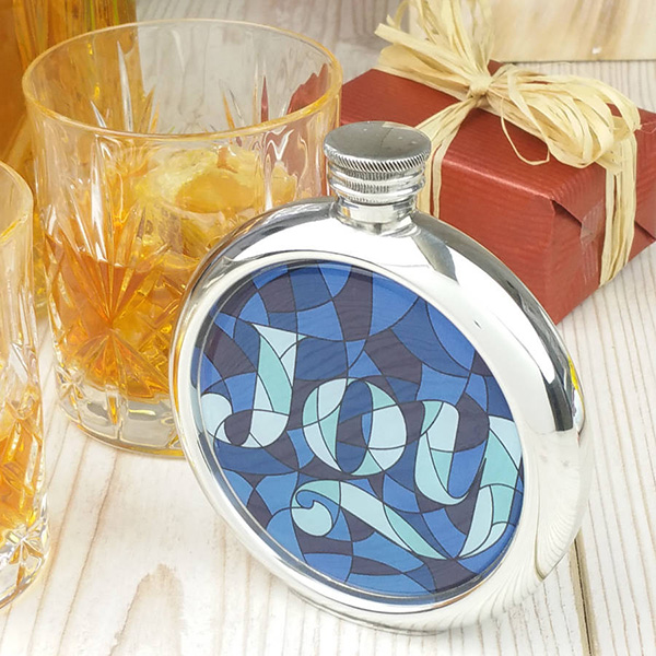 Stained Glass Joy Picture Hip Flask with Presentation Box and Free Engraving