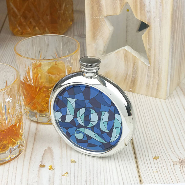 Stained Glass Joy Picture Hip Flask with Presentation Box and Free Engraving