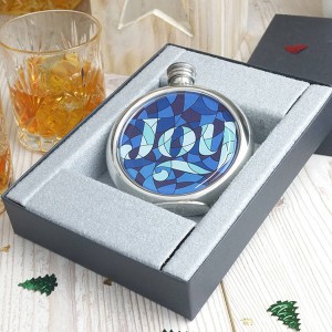 Stained Glass Joy Picture Hip Flask with Presentation Box and Free Engraving