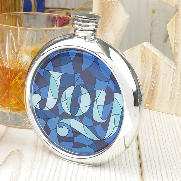 Stained Glass Joy Picture Hip Flask with Presentation Box and Free Engraving