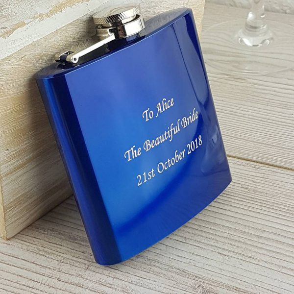 Personalised Blue Wedding Hip Flask with FREE ENGRAVING